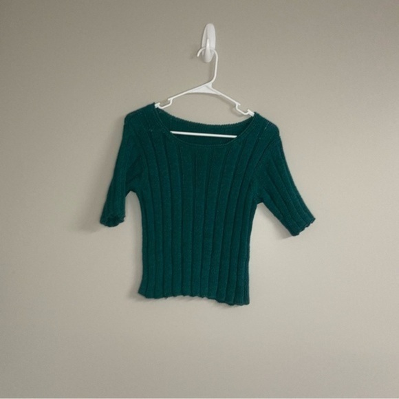 Green Ribbed Knit Sweater Elbow Length Sleeve Stretchy Vintage - Picture 1 of 2